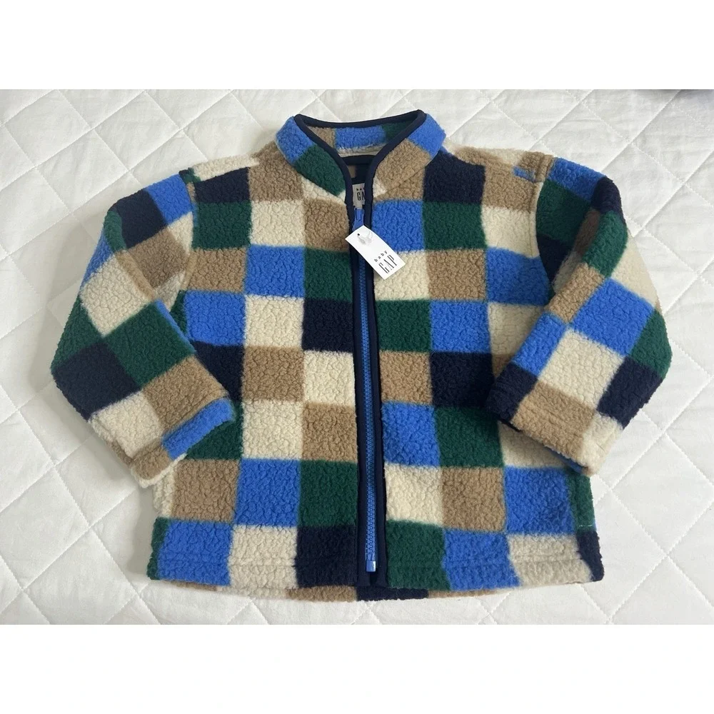 Baby Gap Fleece Jacket 3 Years Green Blue Plaid Buffalo Check Zip Cozy Sherpa